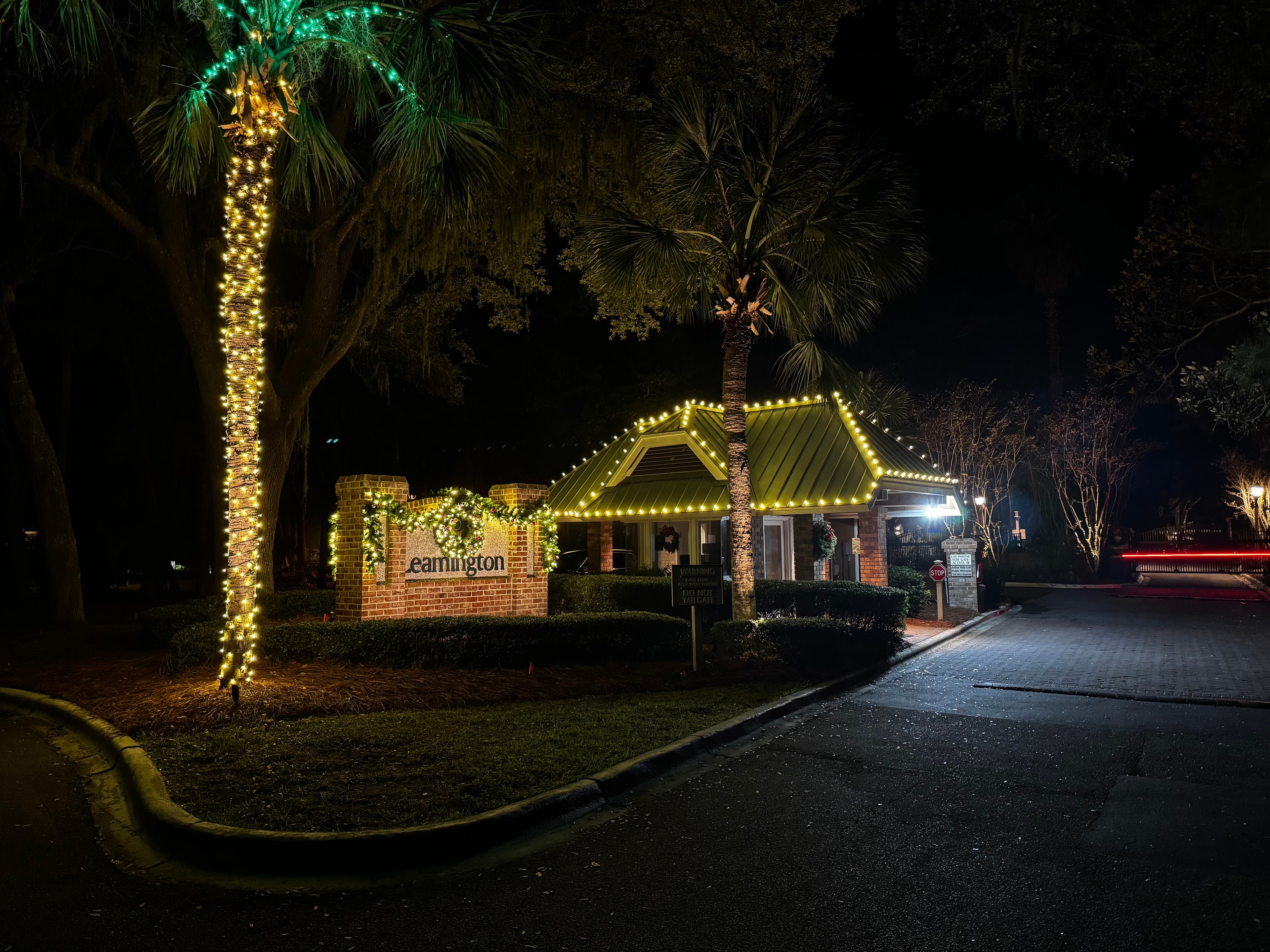 Leamington community entrance decorated with warm white roofline and palm tree lights