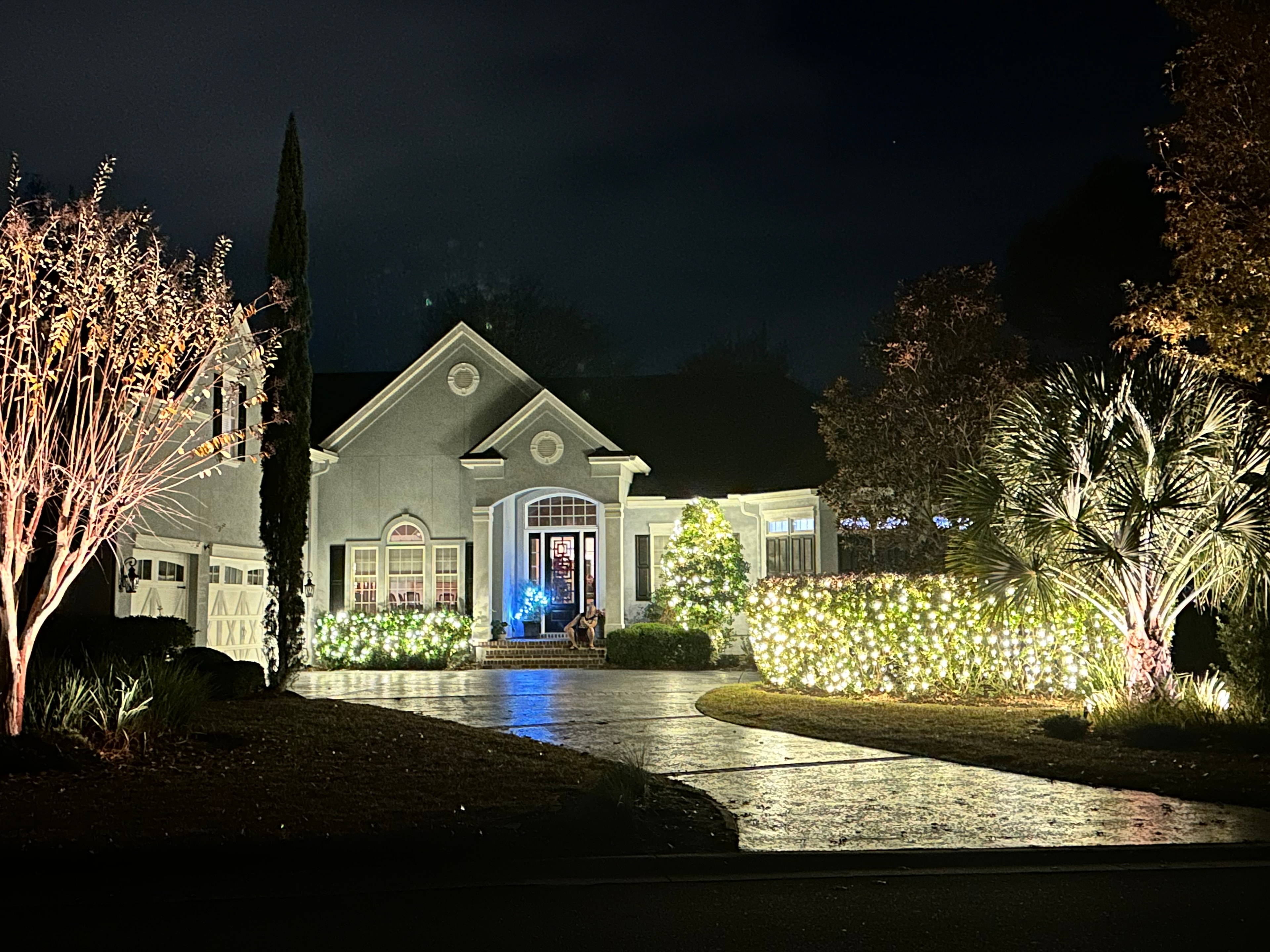 Lowcountry home with holiday lights reflecting in still water at night