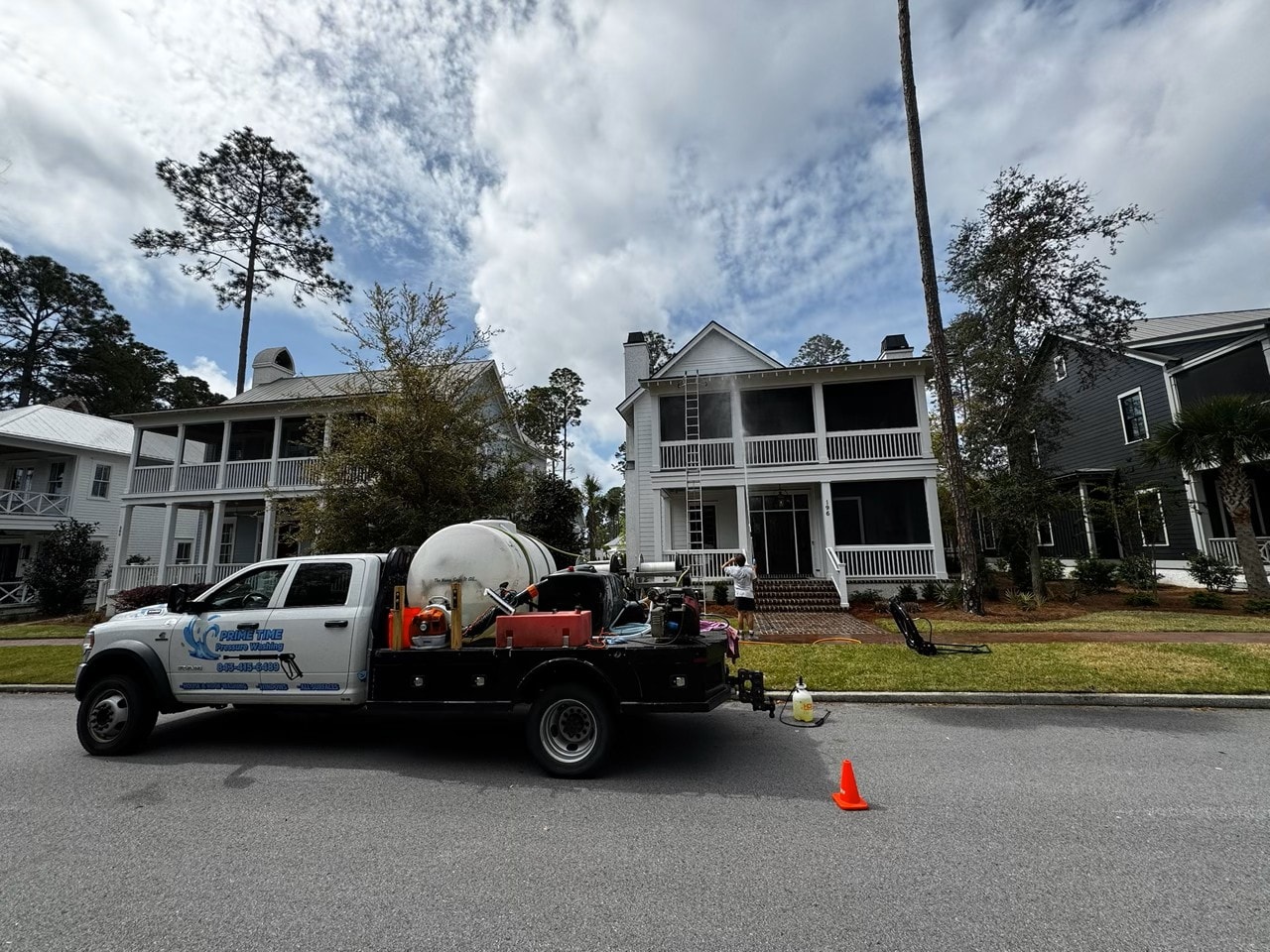 Prime Time truck on site at a Lowcountry home house wash job